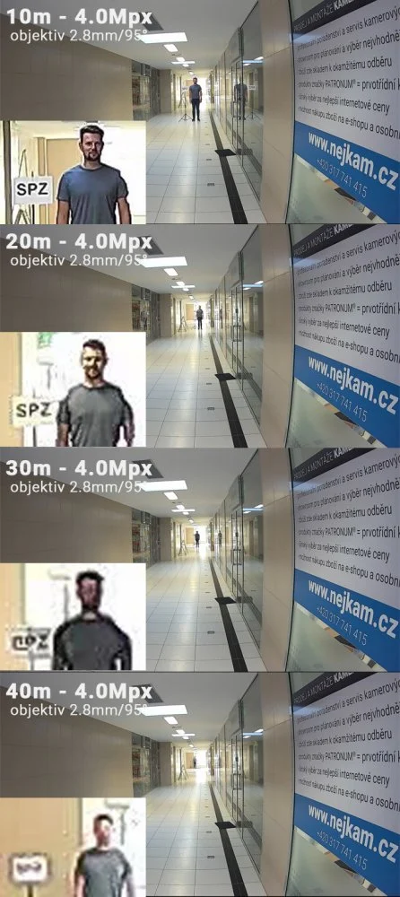 Porovnání rozlišení 5 Mpx – čitelnost SPZ a obličeje na vzdálenost 10–40 m