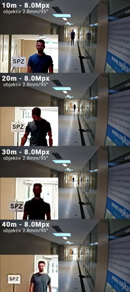 Porovnání rozlišení 8 Mpx (4K) – čitelnost SPZ a obličeje na vzdálenost 10–40 m