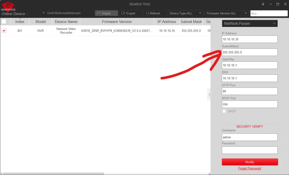 Aplikace Search Tool – seznam nalezených zařízení PATRONUM v síti