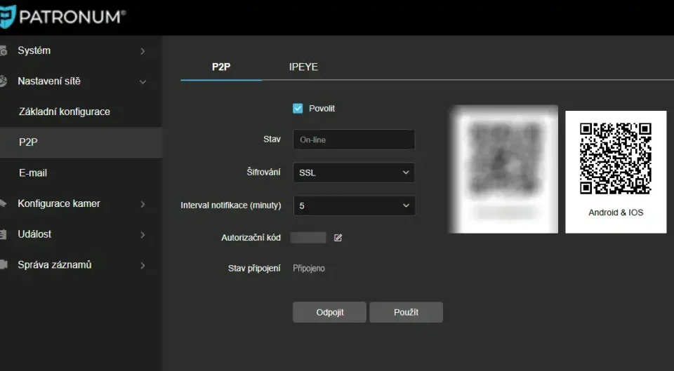 Stav P2P služby v menu rekordéru – kontrola on-line připojení