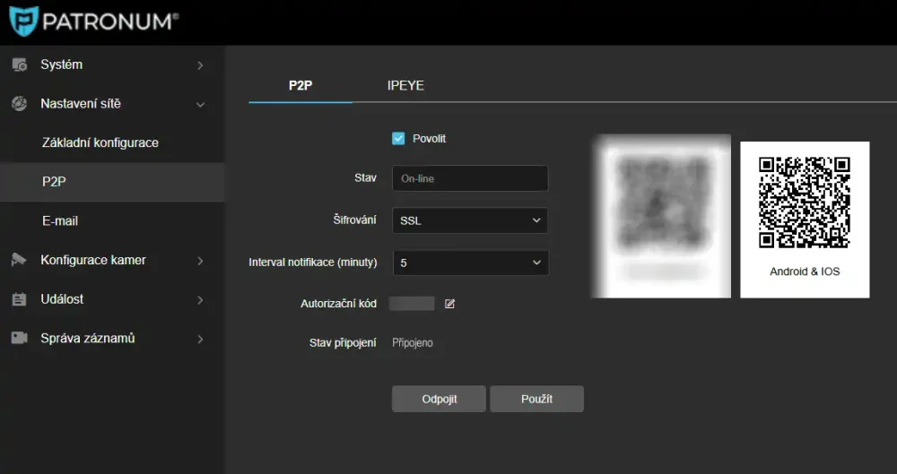 Stav P2P služby v menu rekordéru – kontrola on-line připojení