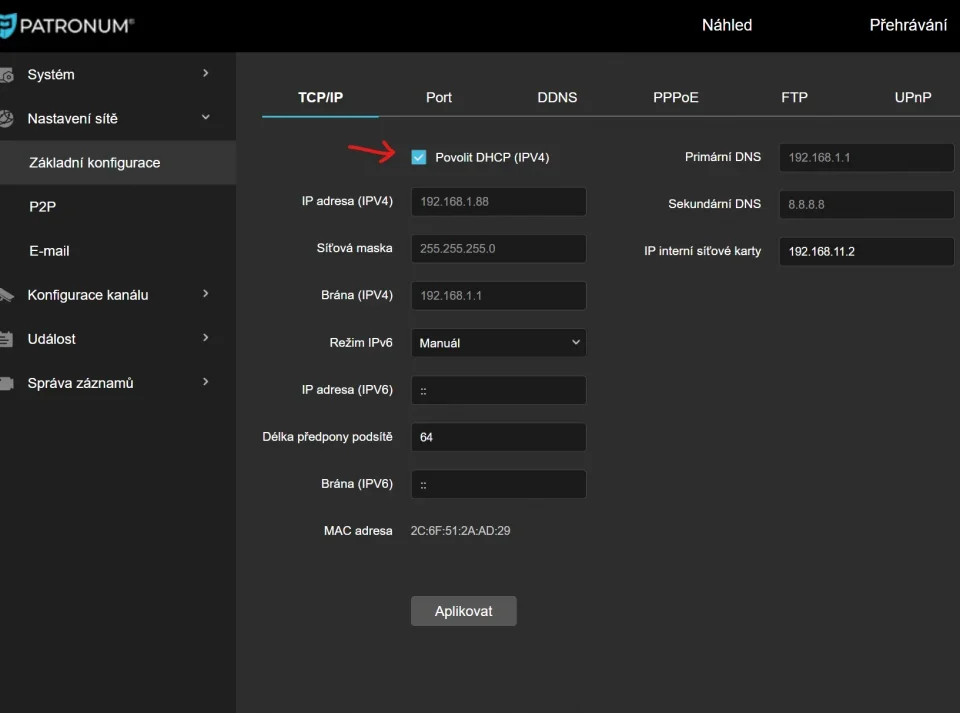 Nastavení DHCP ve webovém rozhraní rekordéru
